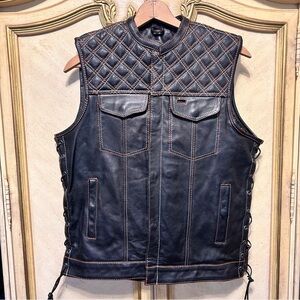 Zony Black Orange & White Stitched Leather Riding Motorcycle Vest NEW NWOT